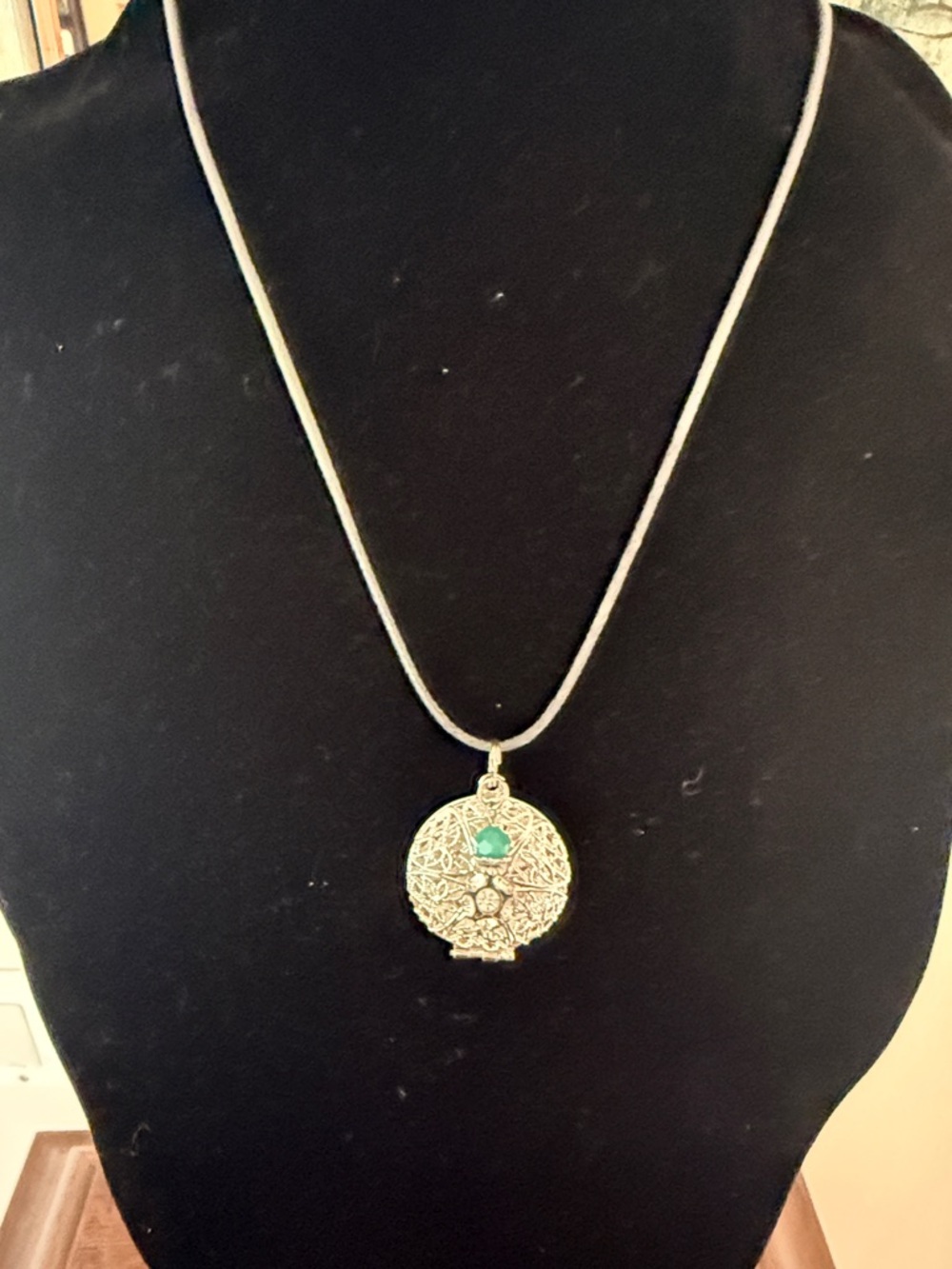 Intricate Silver-Tone Filigree Pendant Diffuser/Perfume necklace. Pleather cord.